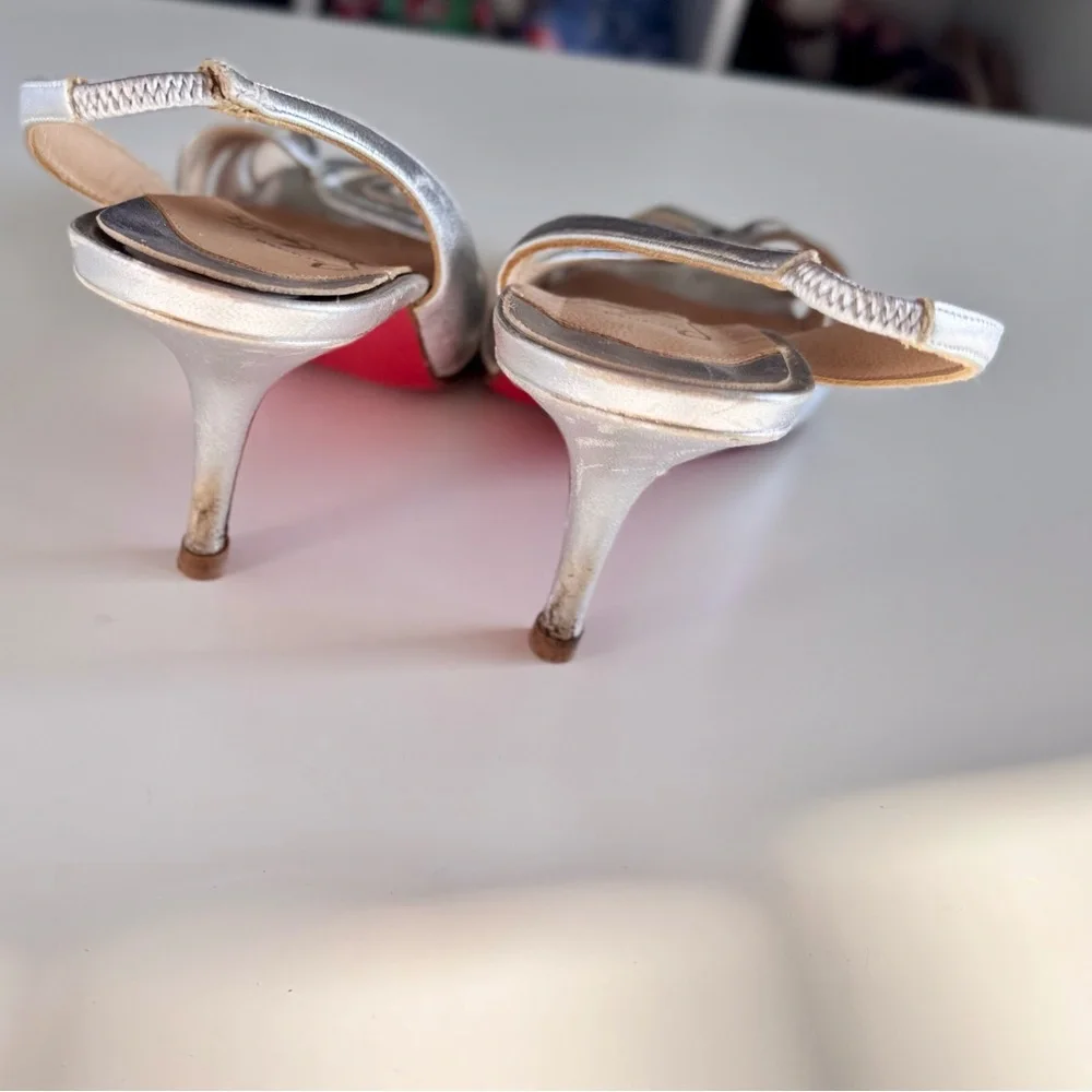 CHRISTIAN LOUBOUTIN 3” Silver Leather Slingback Sandals High Heels Women’s Shoes